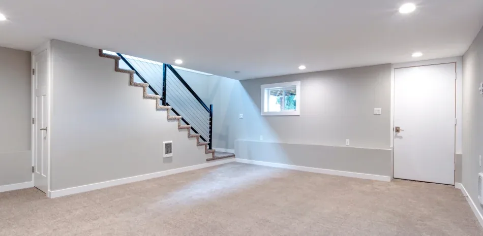 Finished basement living area with carpet and a modern open stair rail in Gwinnett County
