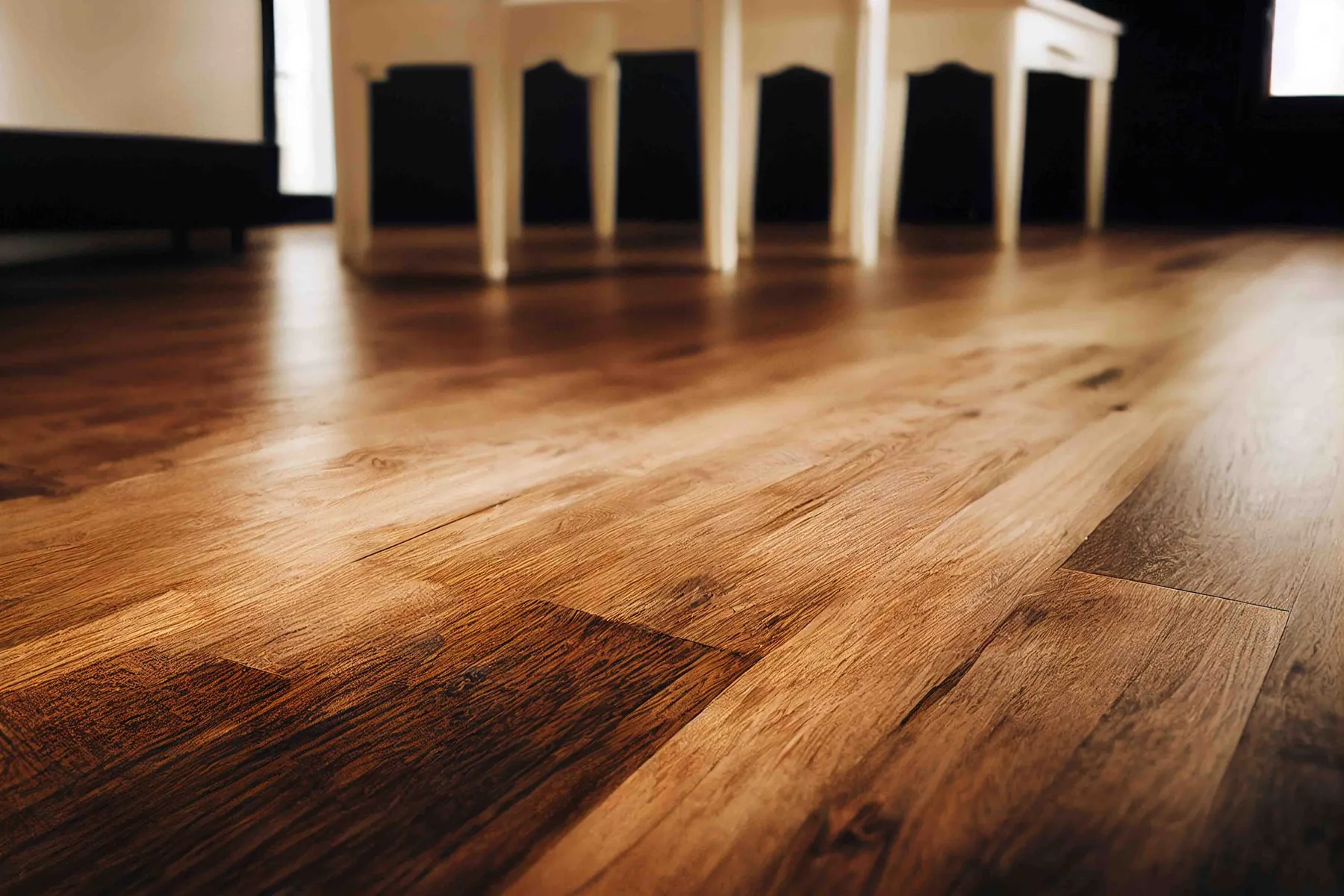 Close detail of newly installed hardwood plank flooring in a Gwinnett County home